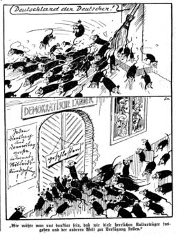 Vignetta apparsa sulla stampa nazista che paragona gli ebrei a ratti di cui liberarsi.