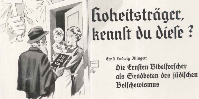 Vignetta tedesca che accusa i testimoni di Geova di essere agenti bolscevichi